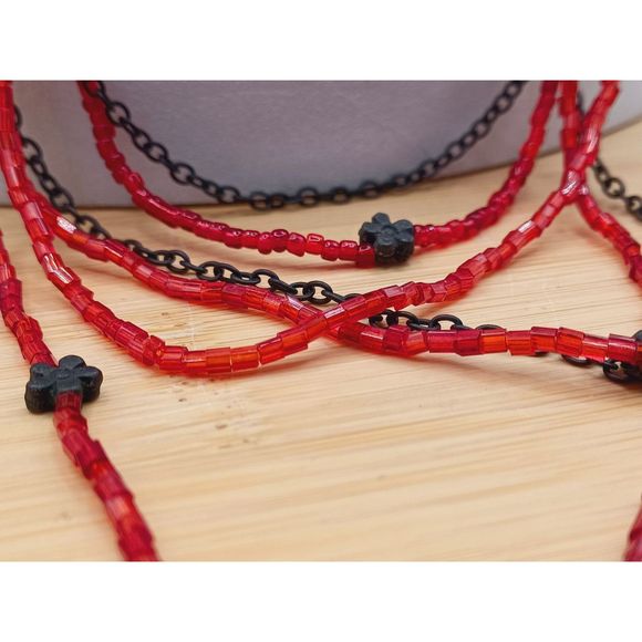 Vintage Multi Strand Layered Red Seed Beads and Bronze Color Flower Necklace - Picture 5 of 9